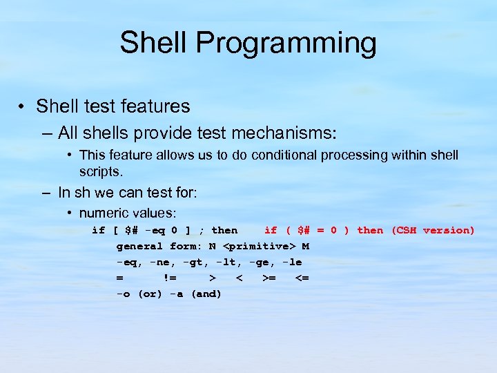 Shell Programming • Shell test features – All shells provide test mechanisms: • This