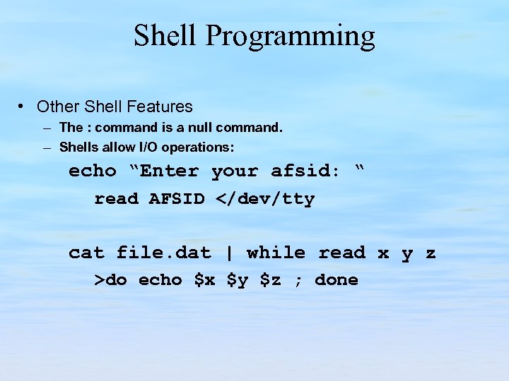 Shell Programming • Other Shell Features – The : command is a null command.