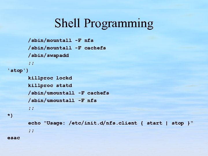 Shell Programming /sbin/mountall -F nfs /sbin/mountall -F cachefs /sbin/swapadd ; ; 'stop') killproc lockd