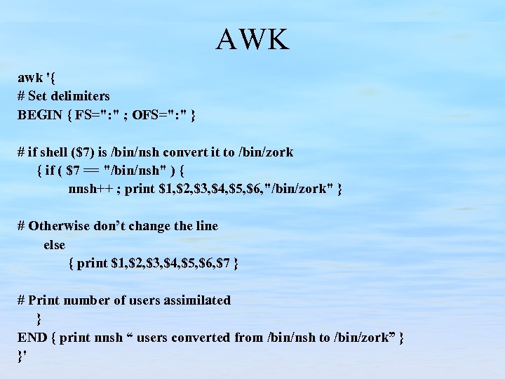 AWK awk '{ # Set delimiters BEGIN { FS=
