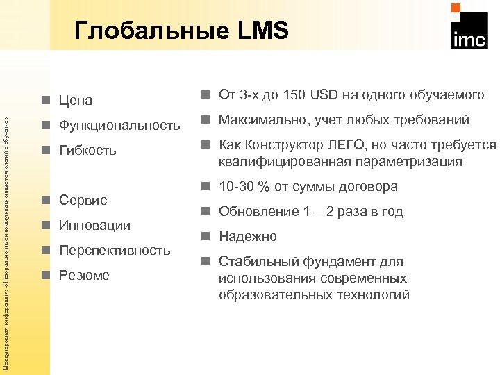 Глобальные LMS Международная конференция: «Информационные и коммуникационные технологий е-обучение» n Цена n От 3