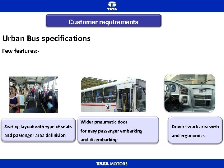 Customer requirements Urban Bus specifications Few features: - Seating layout with type of seats