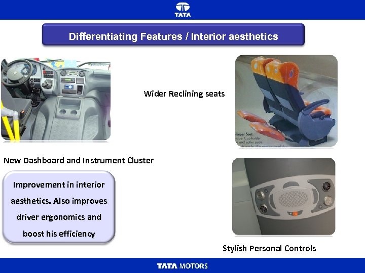 Differentiating Features / Interior aesthetics Wider Reclining seats New Dashboard and Instrument Cluster Improvement