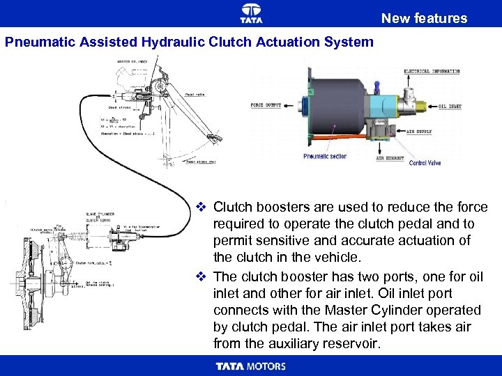 New features Pneumatic Assisted Hydraulic Clutch Actuation System v Clutch boosters are used to