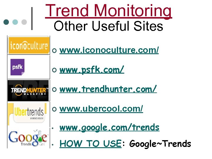 Trend Monitoring Other Useful Sites ¢ www. iconoculture. com/ ¢ www. psfk. com/ ¢