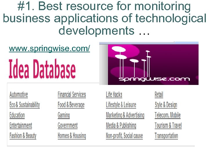 #1. Best resource for monitoring business applications of technological developments … www. springwise. com/