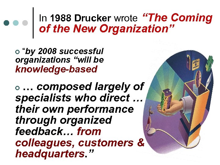 In 1988 Drucker wrote “The Coming of the New Organization” “by 2008 successful organizations