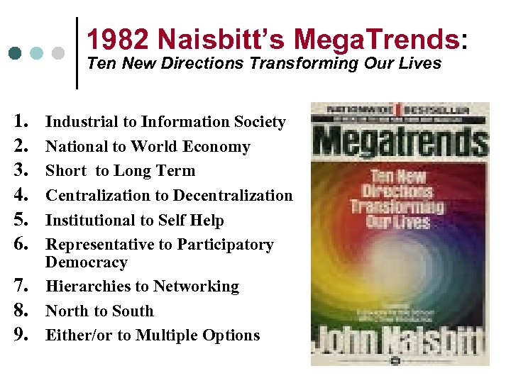 1982 Naisbitt’s Mega. Trends: Ten New Directions Transforming Our Lives 1. 2. 3. 4.