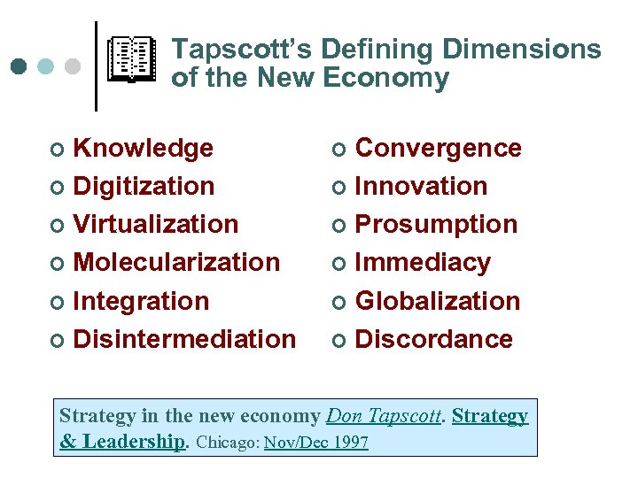 Tapscott’s Defining Dimensions of the New Economy Knowledge ¢ Digitization ¢ Virtualization ¢ Molecularization