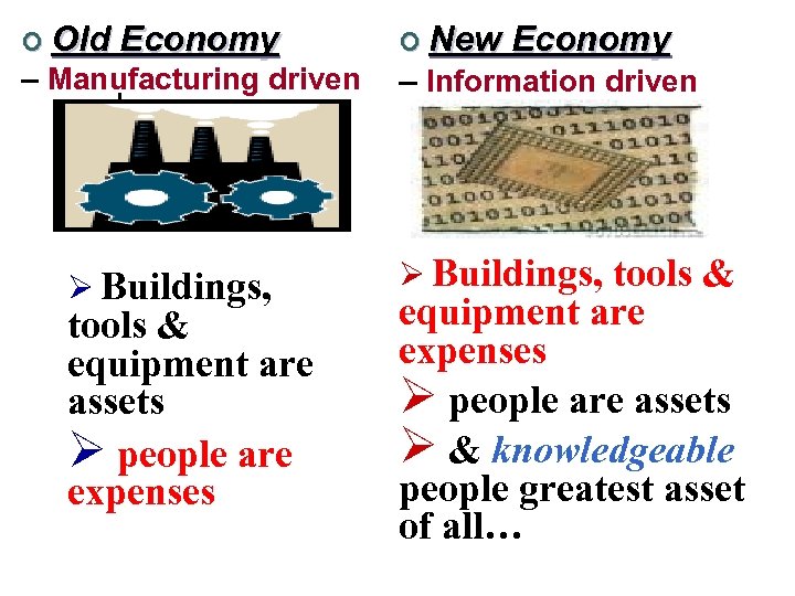 ¢ Old Economy – Manufacturing driven Ø Buildings, tools & equipment are assets Ø