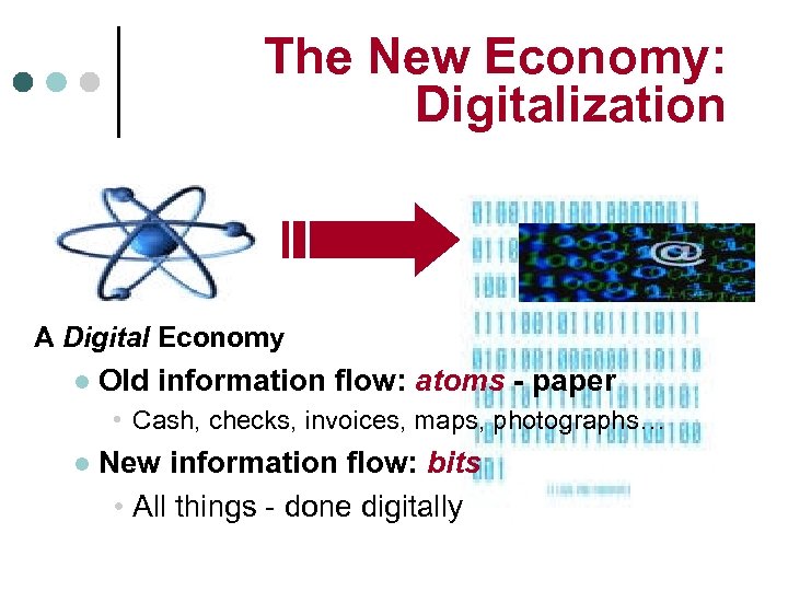 The New Economy: Digitalization A Digital Economy l Old information flow: atoms - paper