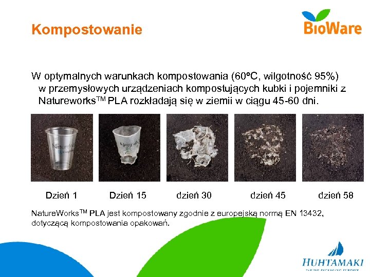 Kompostowanie W optymalnych warunkach kompostowania (60 C, wilgotność 95%) w przemysłowych urządzeniach kompostujących kubki