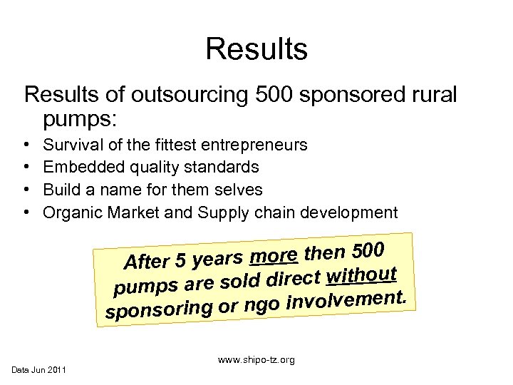 Results of outsourcing 500 sponsored rural pumps: • • Survival of the fittest entrepreneurs