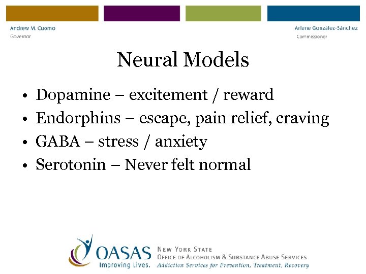 Neural Models • • Dopamine – excitement / reward Endorphins – escape, pain relief,