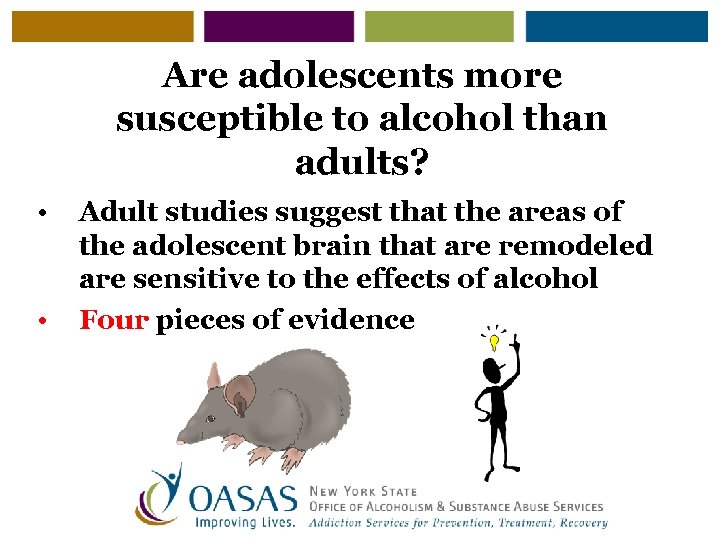 Are adolescents more susceptible to alcohol than adults? • • Adult studies suggest that
