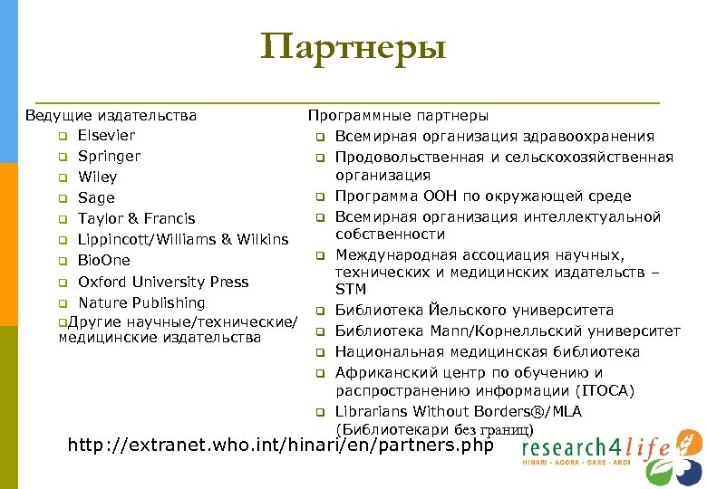 Партнеры Ведущие издательства Программные партнеры Elsevier Всемирная организация здравоохранения Springer Продовольственная и сельскохозяйственная организация