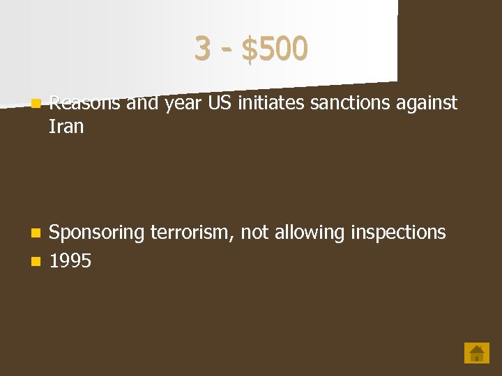 3 - $500 n Reasons and year US initiates sanctions against Iran Sponsoring terrorism,