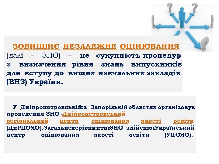 ЗОВНІШНЄ НЕЗАЛЕЖНЕ ОЦІНЮВАННЯ (далі – ЗНО) це сукупність процедур з визначення рівня знань випускників