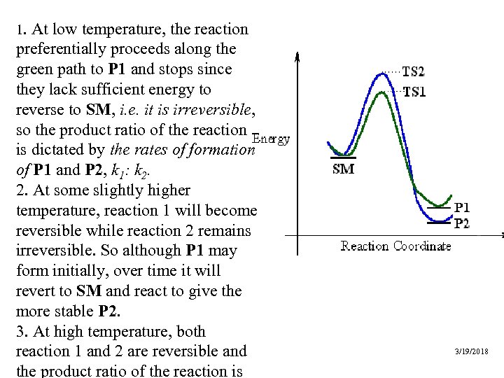 1. At low temperature, the reaction preferentially proceeds along the green path to P