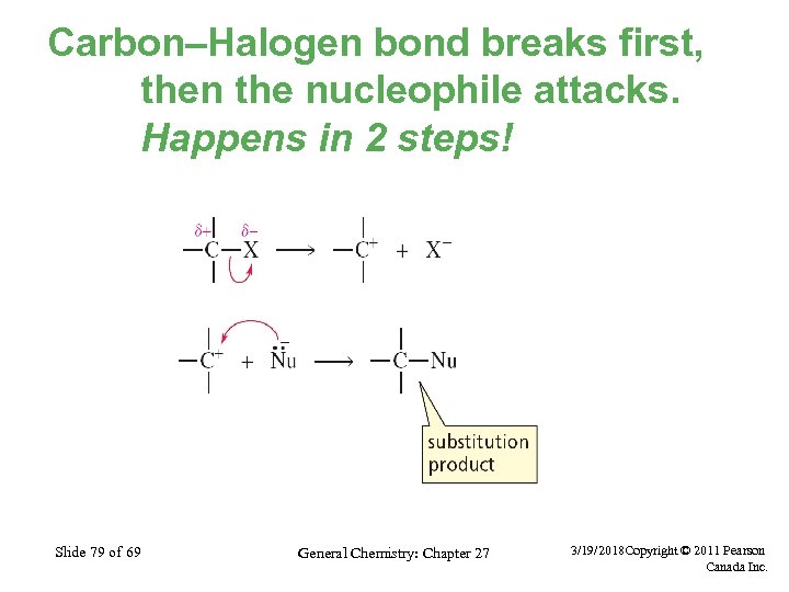 Carbon–Halogen bond breaks first, then the nucleophile attacks. Happens in 2 steps! Slide 79