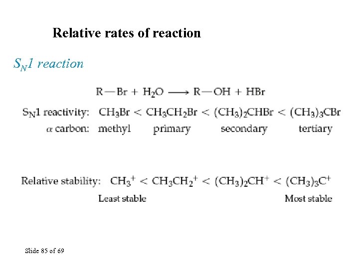 Relative rates of reaction SN 1 reaction Slide 85 of 69 
