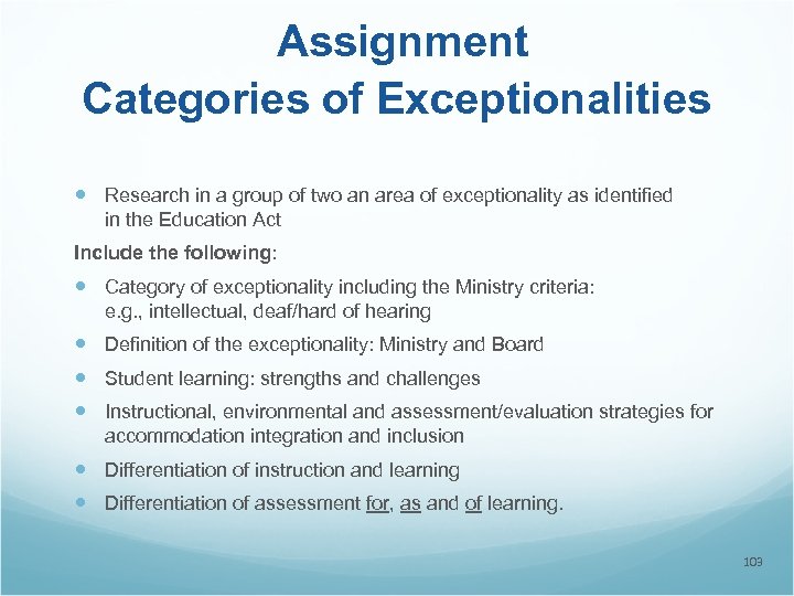  Assignment Categories of Exceptionalities Research in a group of two an area of