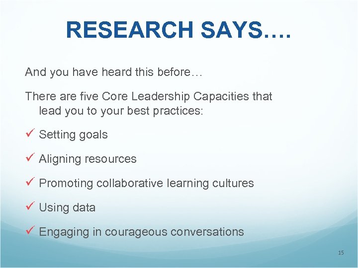 RESEARCH SAYS…. And you have heard this before… There are five Core Leadership Capacities