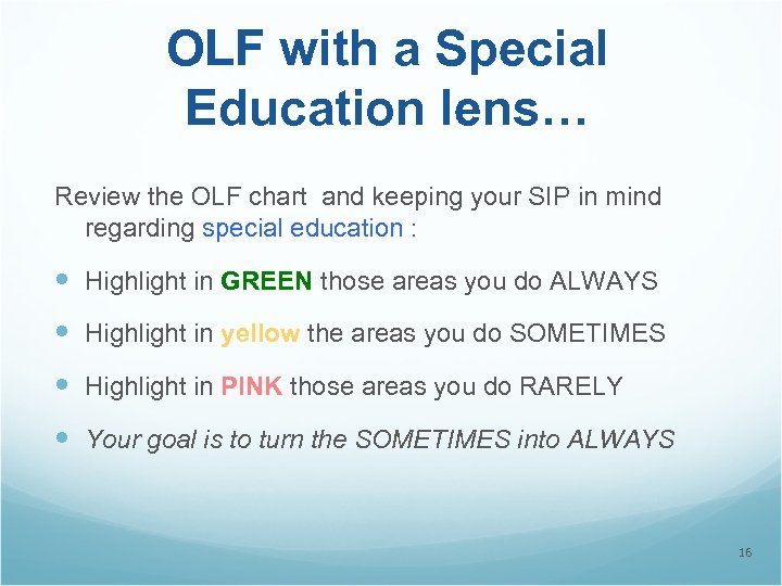 OLF with a Special Education lens… Review the OLF chart and keeping your SIP