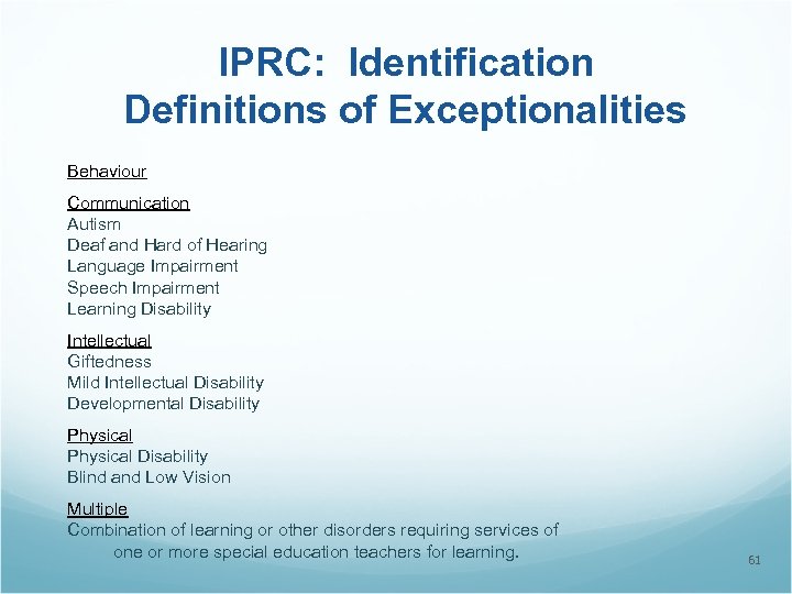 IPRC: Identification Definitions of Exceptionalities Behaviour Communication Autism Deaf and Hard of Hearing Language