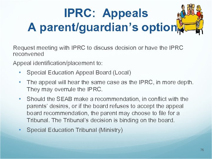 IPRC: Appeals A parent/guardian’s options Request meeting with IPRC to discuss decision or have