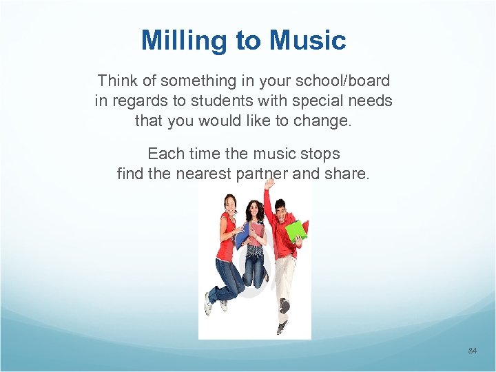 Milling to Music Think of something in your school/board in regards to students with