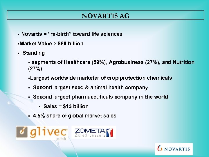 NOVARTIS AG § Novartis = “re-birth” toward life sciences §Market § Value > $60