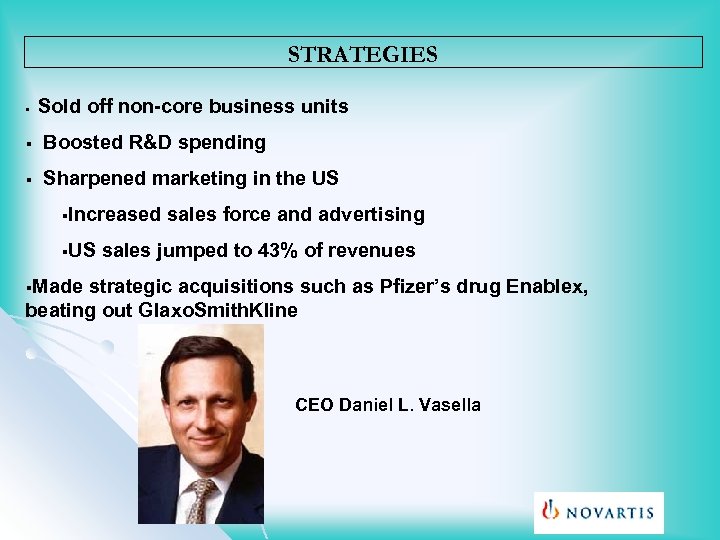 STRATEGIES § Sold off non-core business units § Boosted R&D spending § Sharpened marketing