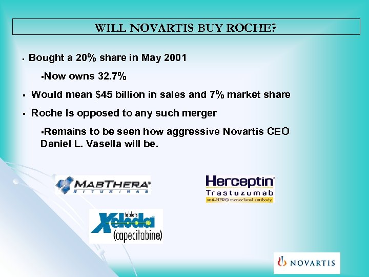 WILL NOVARTIS BUY ROCHE? § Bought a 20% share in May 2001 §Now owns