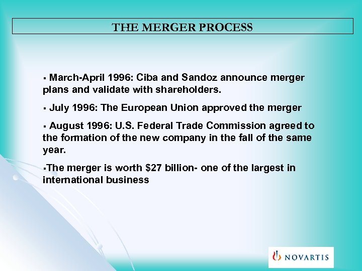 THE MERGER PROCESS March-April 1996: Ciba and Sandoz announce merger plans and validate with