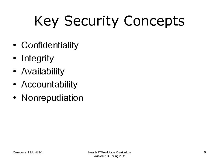 Key Security Concepts • • • Confidentiality Integrity Availability Accountability Nonrepudiation Component 9/Unit 9