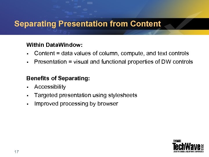 Separating Presentation from Content Within Data. Window: § Content = data values of column,