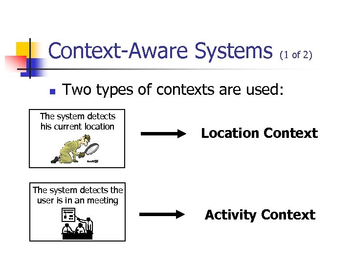 Context-Aware Systems n (1 of 2) Two types of contexts are used: The system