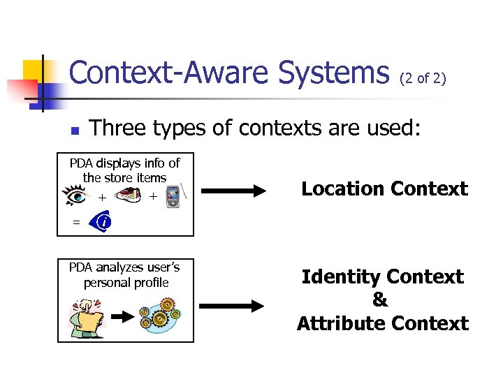 Context-Aware Systems n (2 of 2) Three types of contexts are used: PDA displays