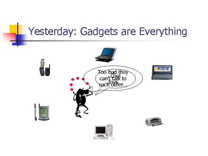 Yesterday: Gadgets are Everything Too bad they Cool can’t talk to toys… each other…