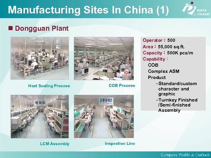 Manufacturing Sites In China (1) Dongguan Plant Heat Sealing Process COB Process LCM Assembly