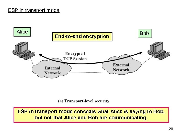 ESP in transport mode Alice End-to-end encryption Bob ESP in transport mode conceals what