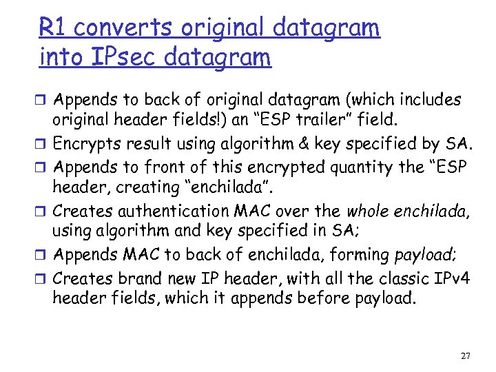 R 1 converts original datagram into IPsec datagram r Appends to back of original