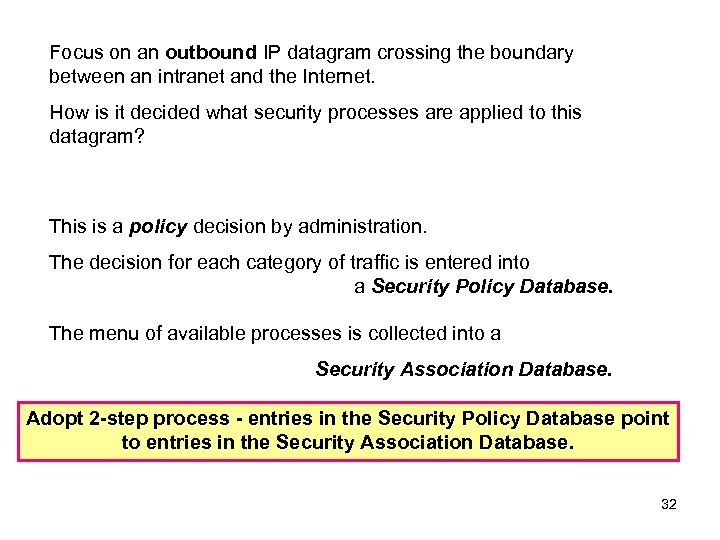 Focus on an outbound IP datagram crossing the boundary between an intranet and the