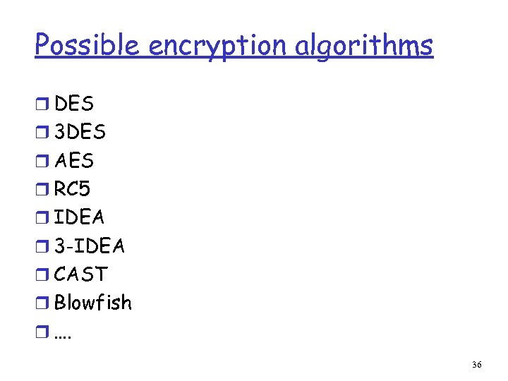 Possible encryption algorithms r DES r 3 DES r AES r RC 5 r