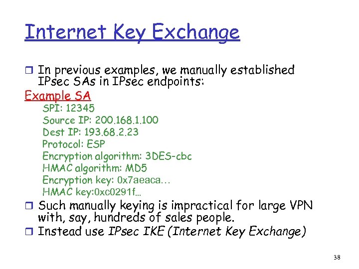 Internet Key Exchange r In previous examples, we manually established IPsec SAs in IPsec