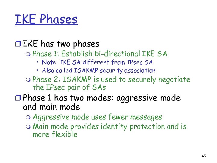 IKE Phases r IKE has two phases m Phase 1: Establish bi-directional IKE SA