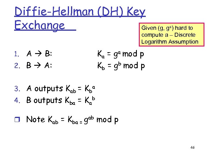 Diffie-Hellman (DH) Key Exchange Given (g, g ) hard to a compute a –