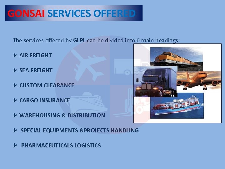GONSAI SERVICES OFFERED The services offered by GLPL can be divided into 6 main