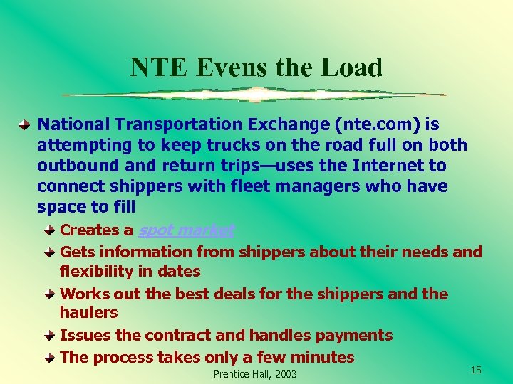 NTE Evens the Load National Transportation Exchange (nte. com) is attempting to keep trucks